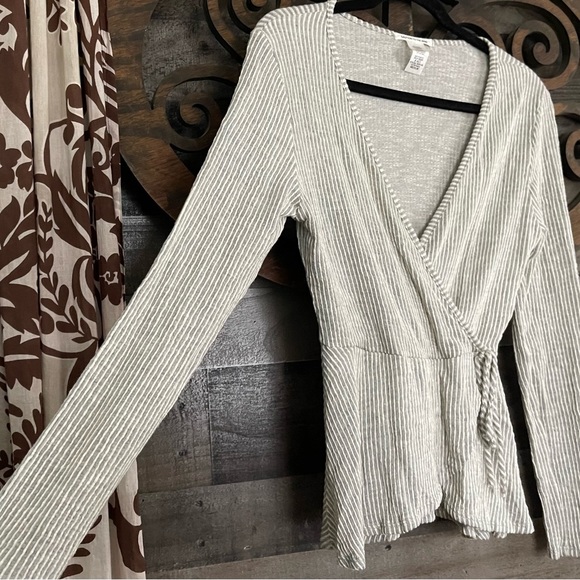 Faux Wrap Top Tie V Neck Pin Stripe Boho Preppy Minimalist Blouse - Picture 3 of 16